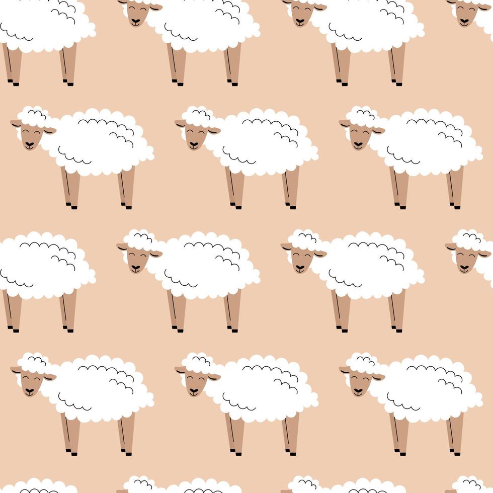 Seamless pattern with cute with white fluffy sheep. Background with farm animals. Wallpaper, packaging. Flat vector illustration