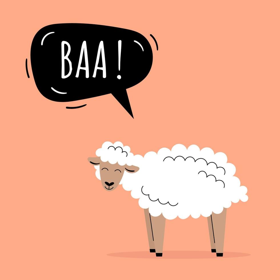 The cute sheep says baa. Farm animals. Speech bubble, children's cards, children's teaching. Flat vector illustration