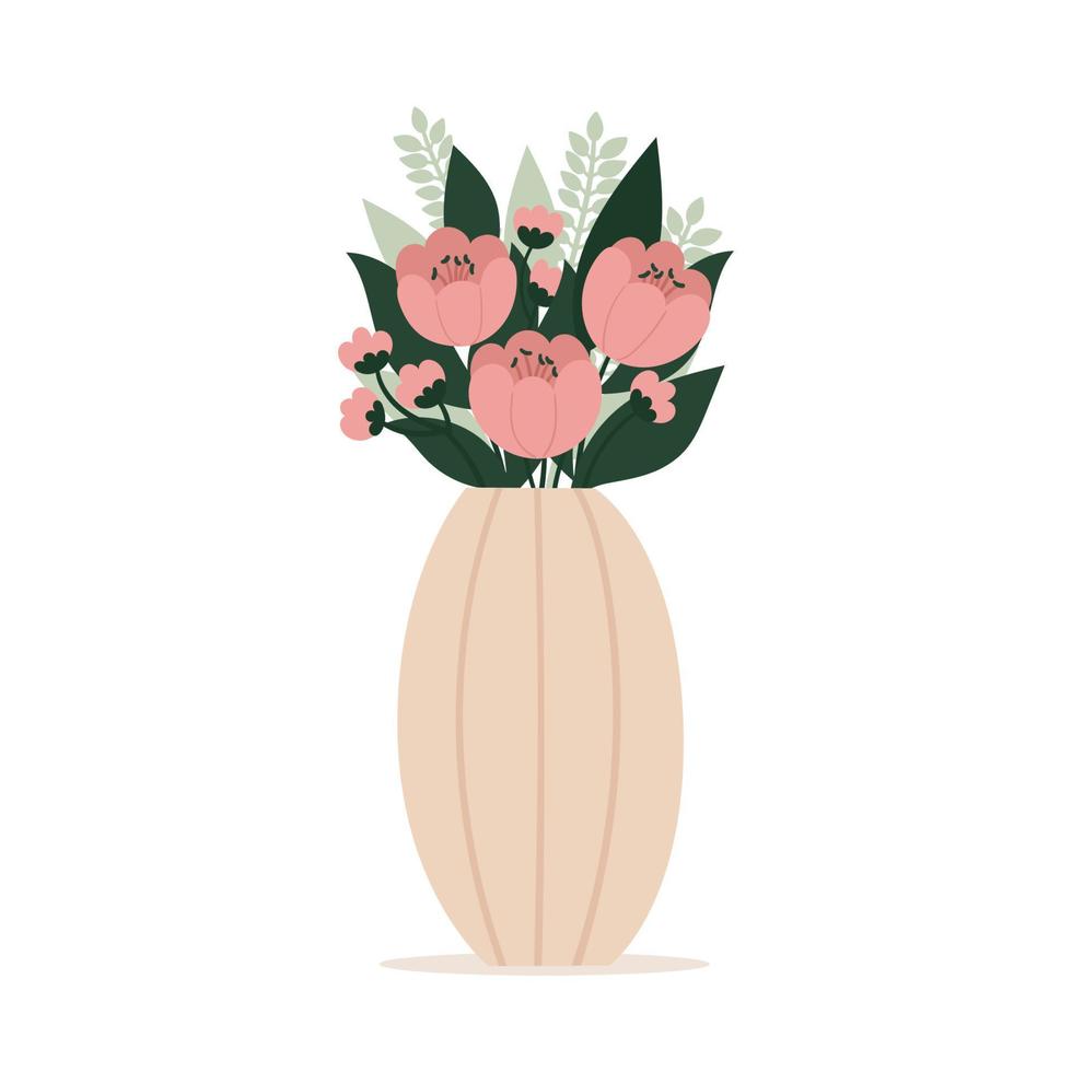 Beautiful stylish vase with a bouquet of flowers. Greeting card. Mothers day, international womens day, birthday. Spring flat vector illustration isolated on white background.