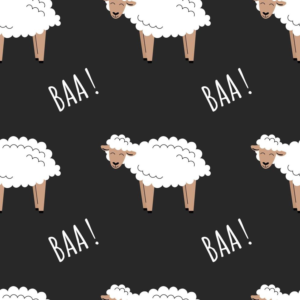 Seamless pattern with cute with white fluffy sheep. Background with farm animals. Wallpaper, packaging. Flat vector illustration