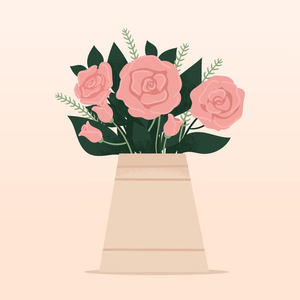 Beautiful stylish vase with a bouquet of flowers. Greeting card. Mothers day, international womens day, birthday. Spring flat vector illustration isolated on light background.