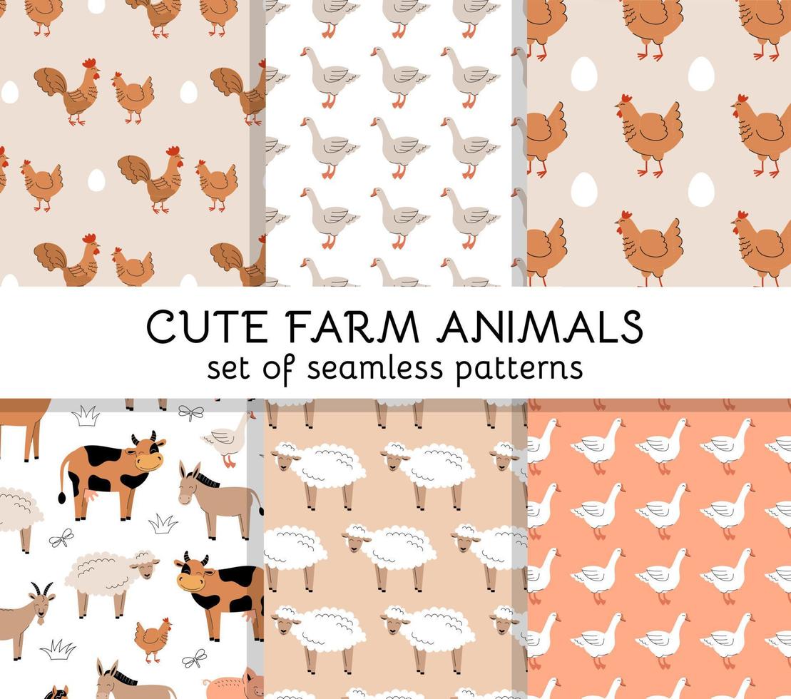 Set of Seamless patterns with cute farm animals and birds. Cow, sheep, horse, pig, goat, donkey, chicken. Wallpaper, packaging. Flat vector illustration.