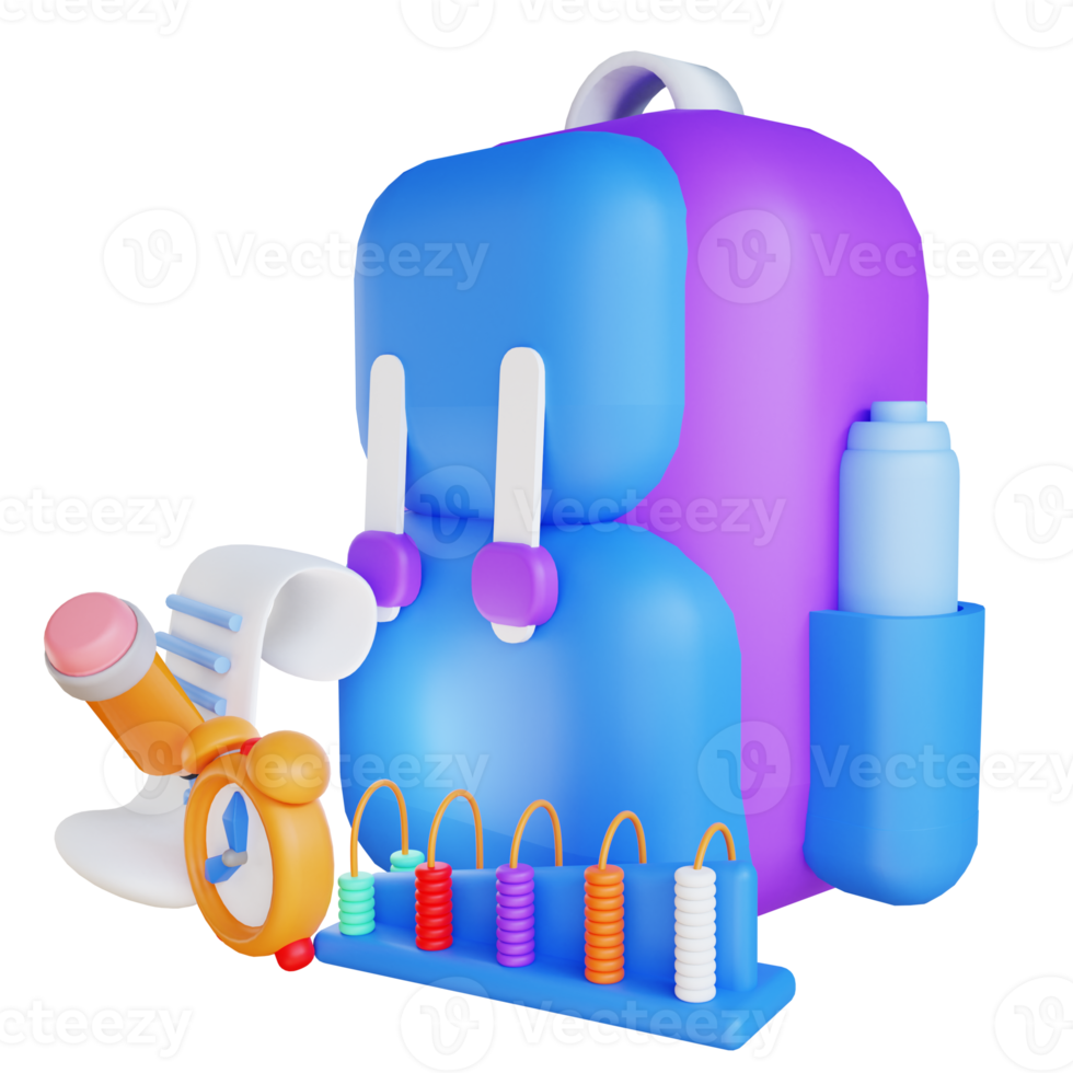 3D illustration backpack abacus and note for education png