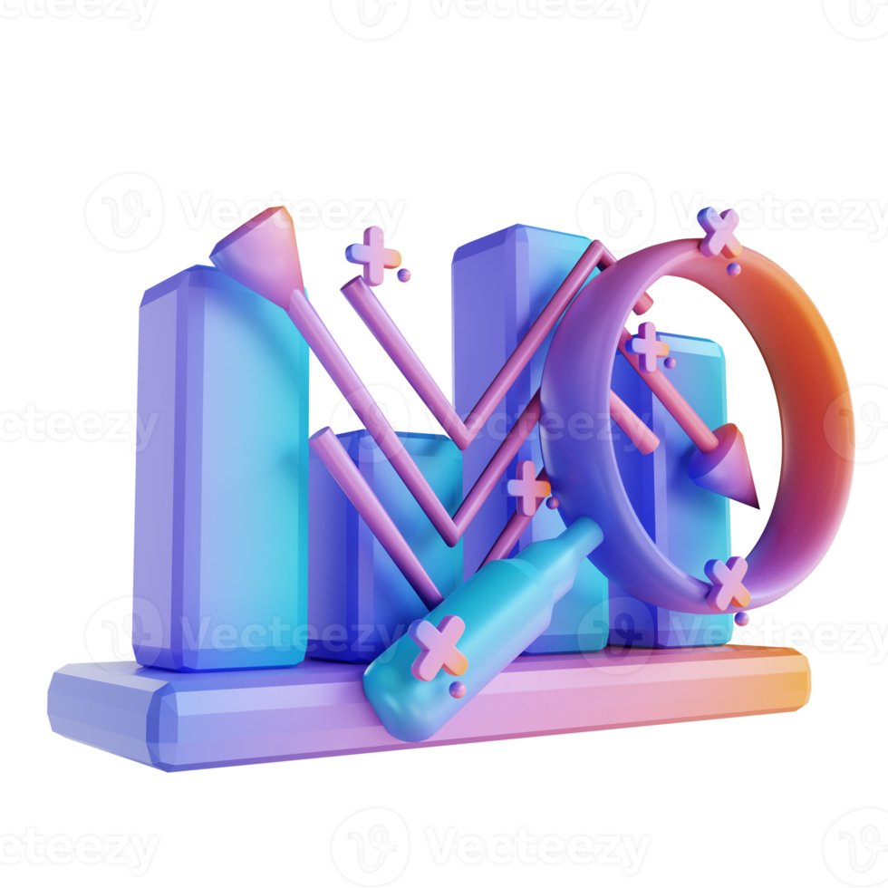 3D illustration colorful data graph descending and magnifying glass png