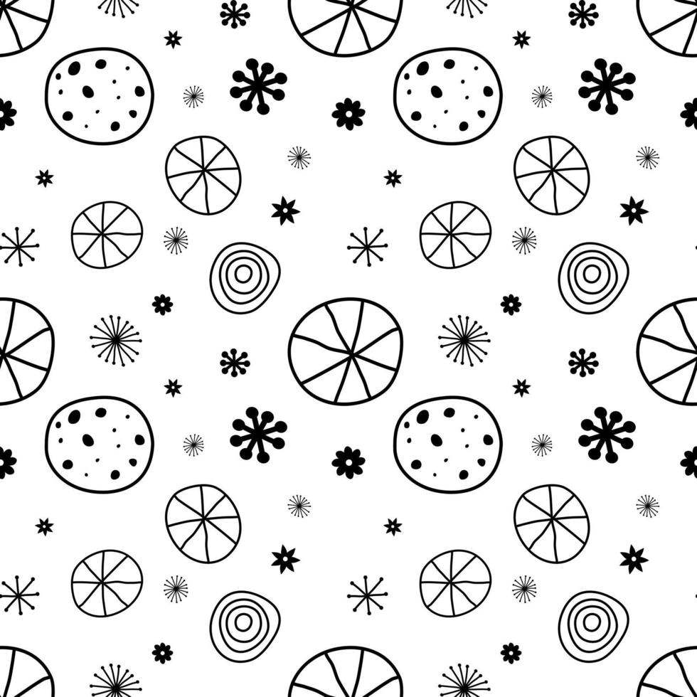 Vector illustration of art circle and little flower black line seamless pattern on white background.