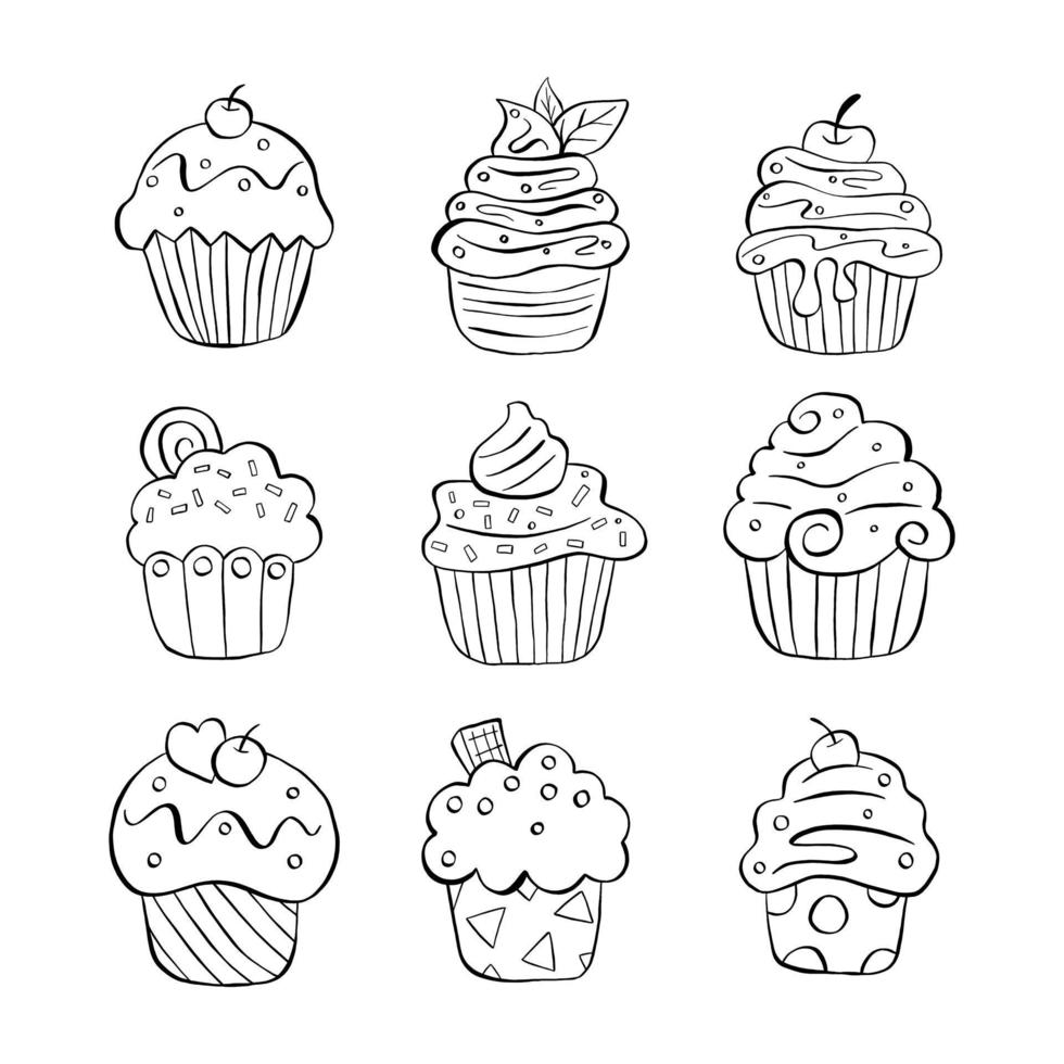 Black line set of nine cupcakes on white background. Hand drawn cartoon style. Doodle for coloring, decoration or any design. Vector illustration of kid art.