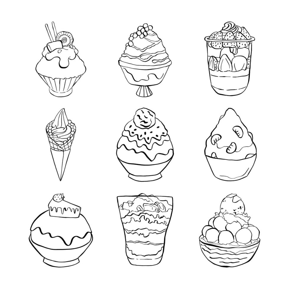 helado bingsu de línea negra sobre fondo blanco. ilustración vectorial sobre dulce. vector