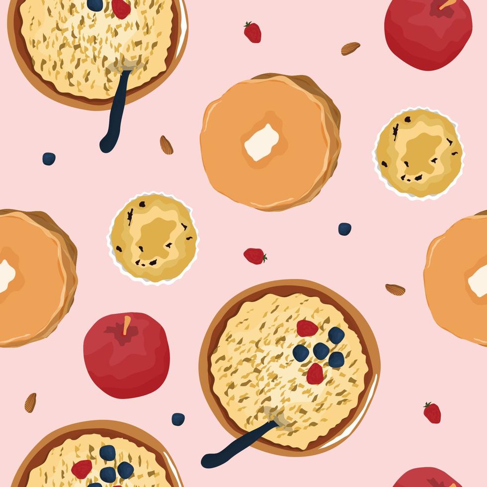 Seamless Pattern Breakfast Food Fruit Cake Porridge vector