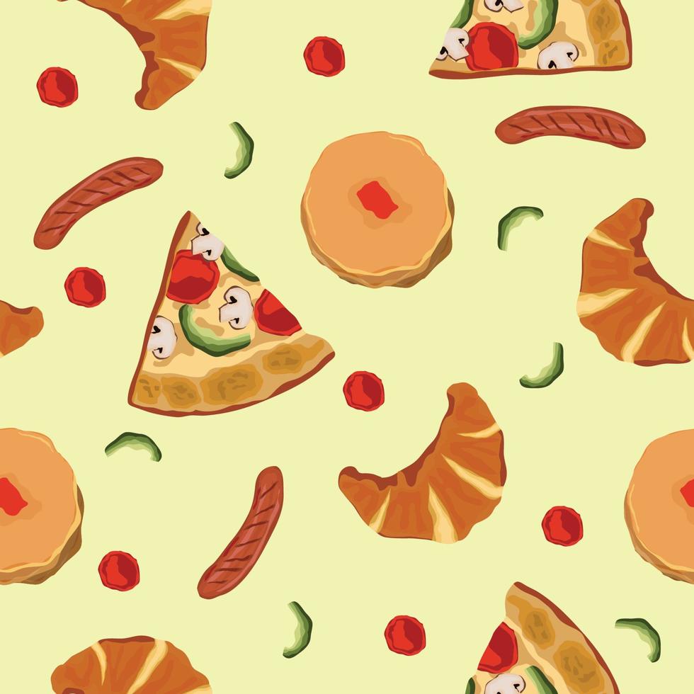 Seamless Pattern Breakfast Food Pizza Cake Sausage vector