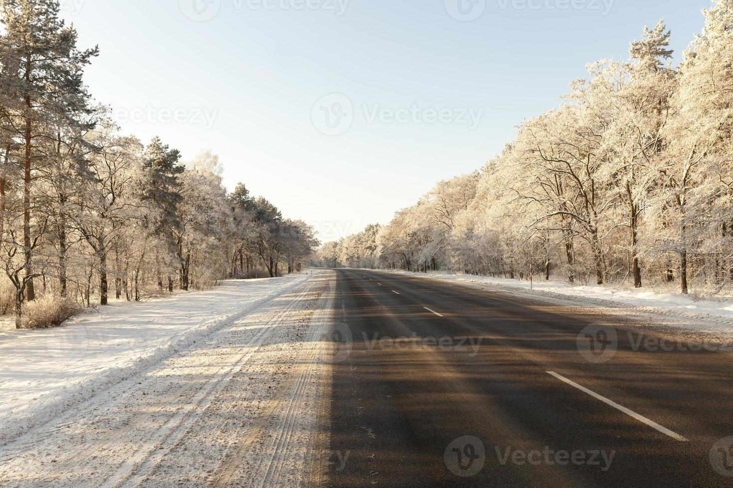 snowfall in the winter season and road asphalted photo