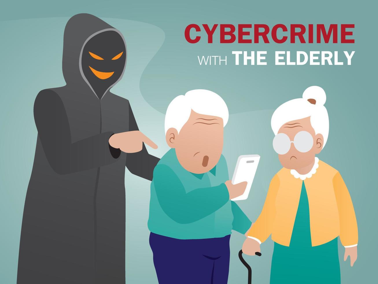 hacker está engañando a los ancianos para que hagan algo en su teléfono. vector de ilustración de ciberdelincuencia.