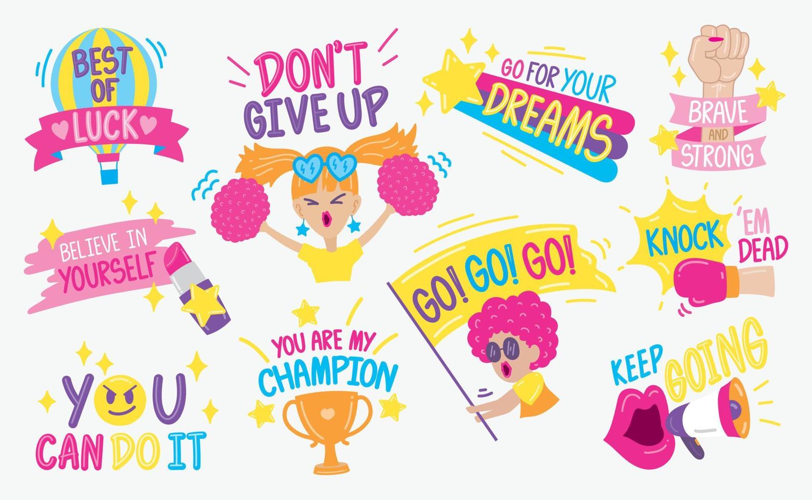 Cute and fun hand drawn graphic elements vector set with handwriting words for cheering or encouraging.