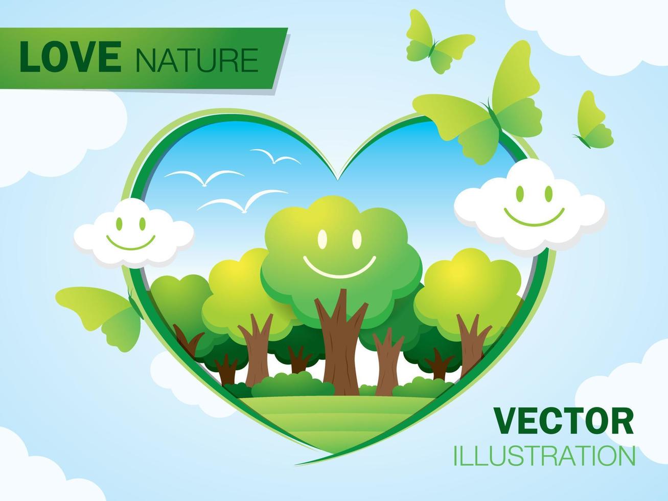 vector de ilustración de naturaleza de amor. el árbol de la cara sonriente y el entorno verde tienen forma de corazón y hay una nube de cara sonriente y una mariposa decorada alrededor del corazón en el fondo del cielo azul.