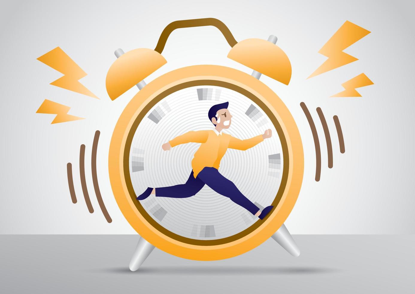 un hombre cansado corre rápidamente en un vector de ilustración de reloj.
