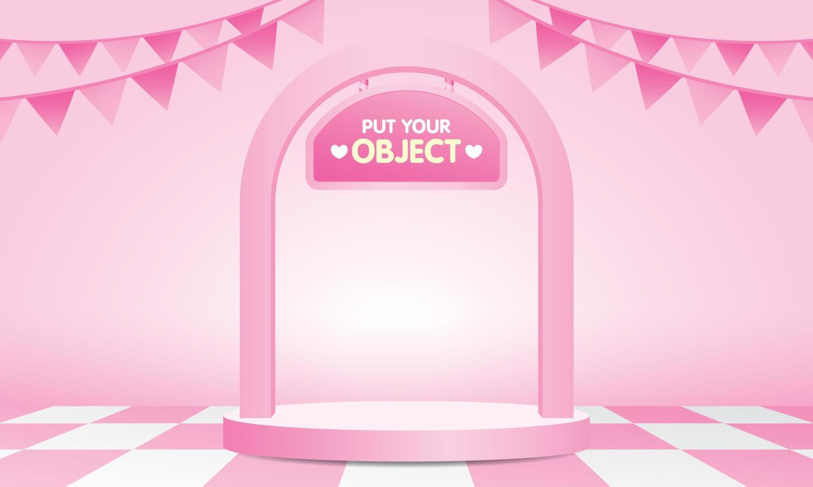 Empty circle product podium with arch and cute signage 3d illustration vector on pink checkered pattern floor and pastel pink backdrop for putting your object.