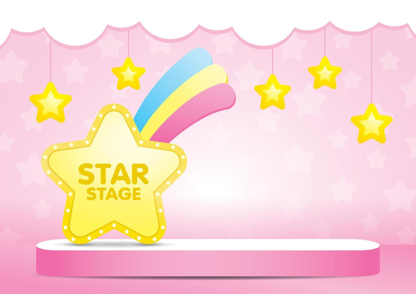 kawaii yellow meteor light bulb signage on long pink podium with hanging stars. vector