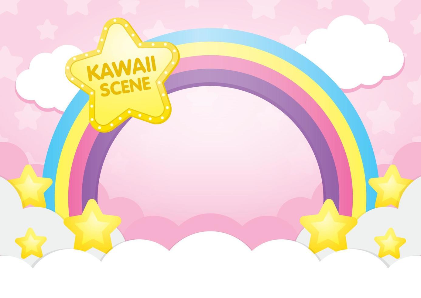kawaii star light bulb signage on cute rainbow archway with yellow stars and fluffy cloud on pink background. vector