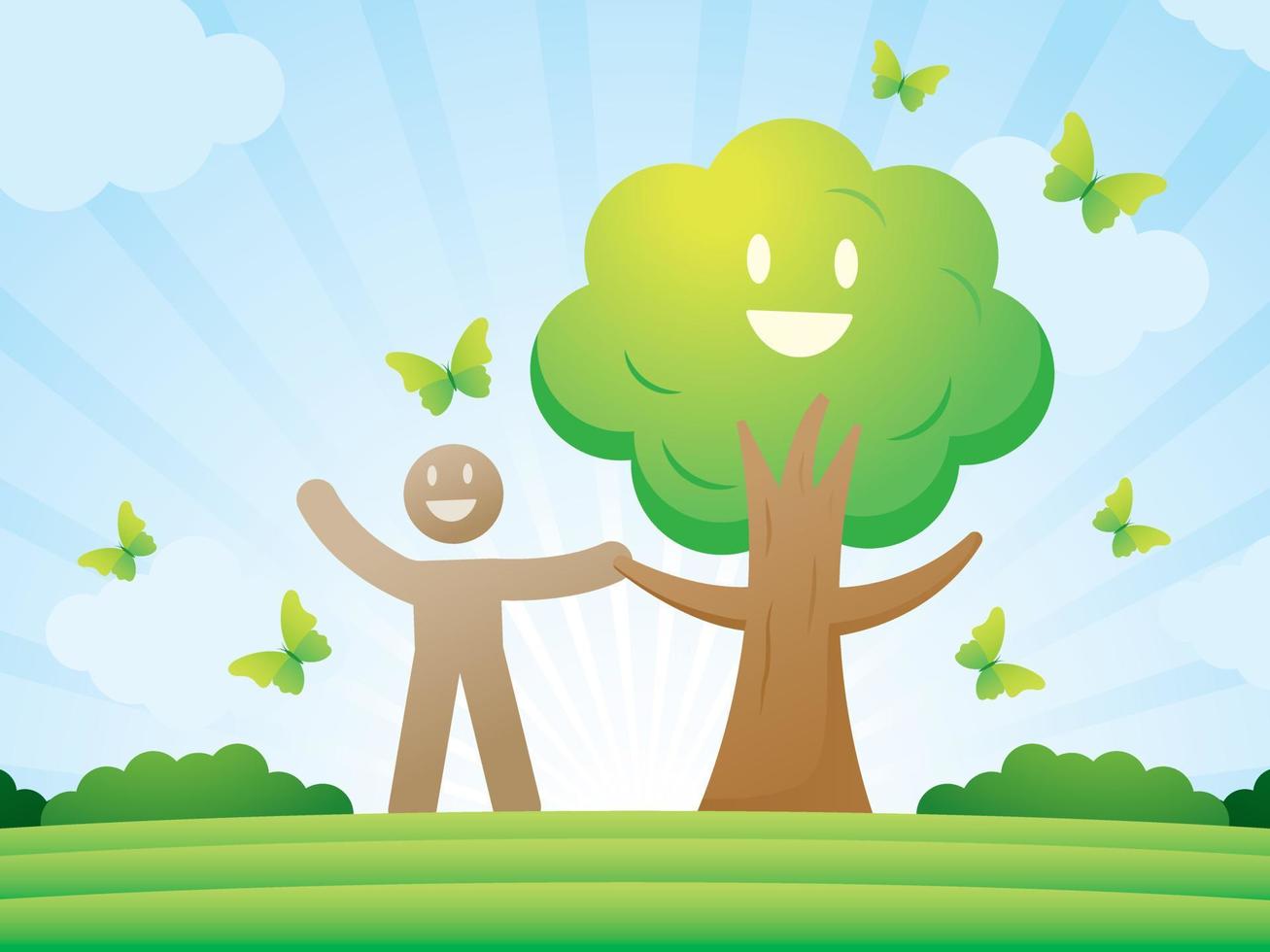 Illustration vector of human join hands with nature to win together.