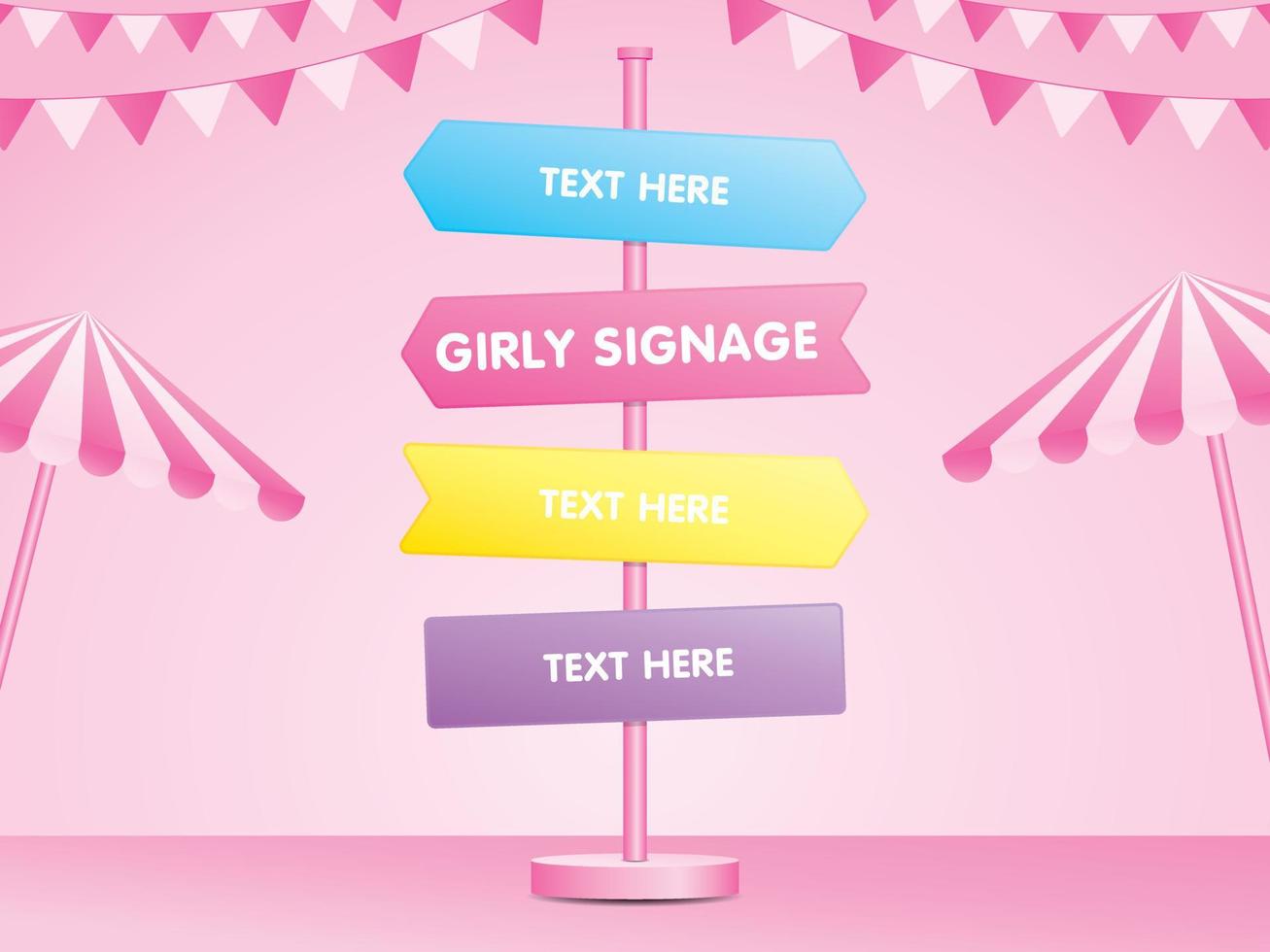 Cute girly colorful signpost with striped parasol and rail flag on pink pastel color background illustration vector