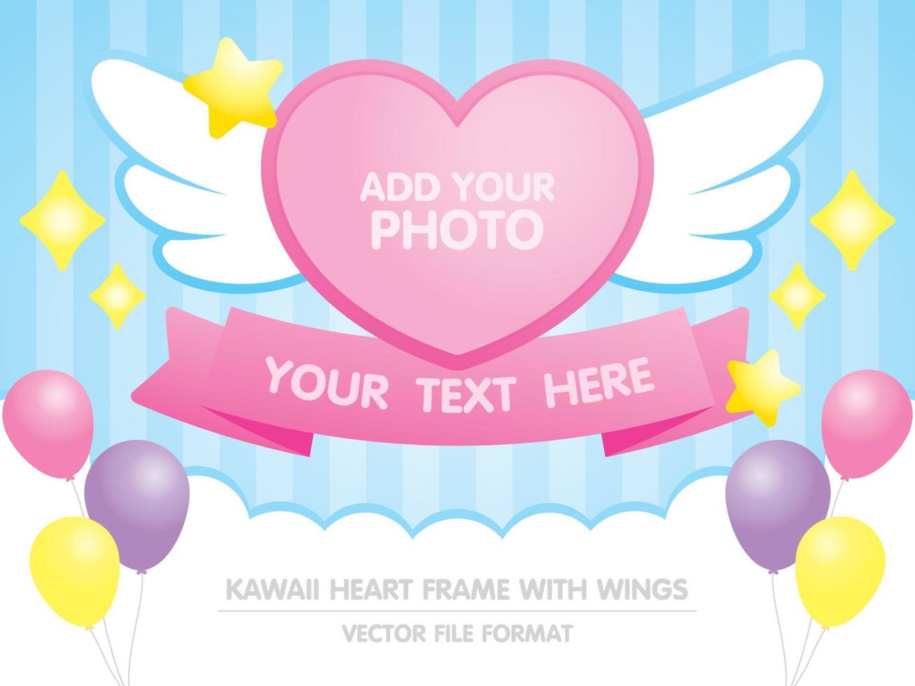 kawaii heart shape photo frame with cute wings and ribbon element for adding your text on blue striped background with cloud and balloon vector
