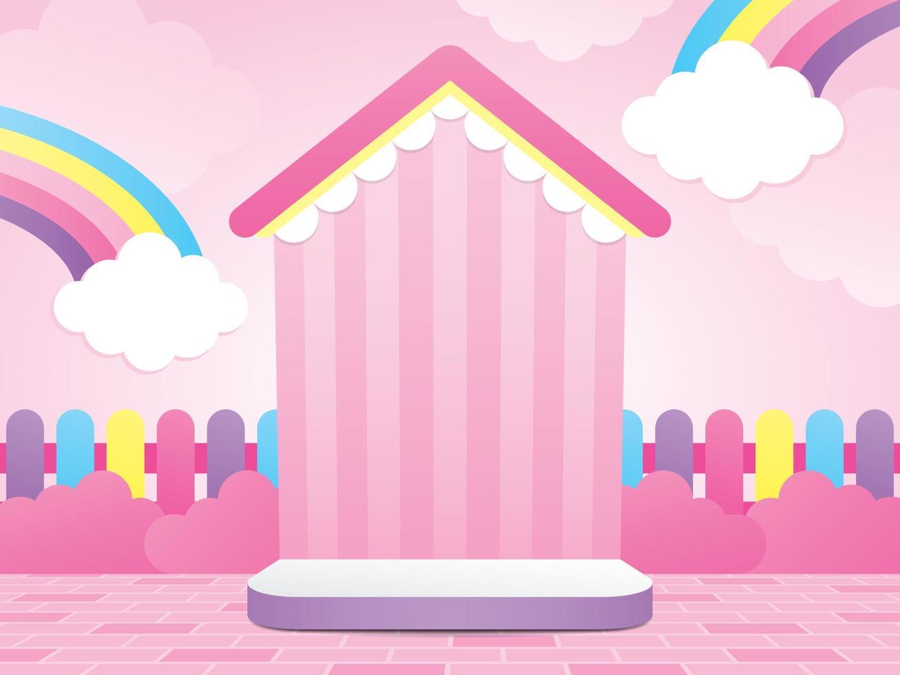 cute kawaii house shape backdrop display with colorful fence and sweet rainbow cloud element 3d illustration vector scene for putting your object