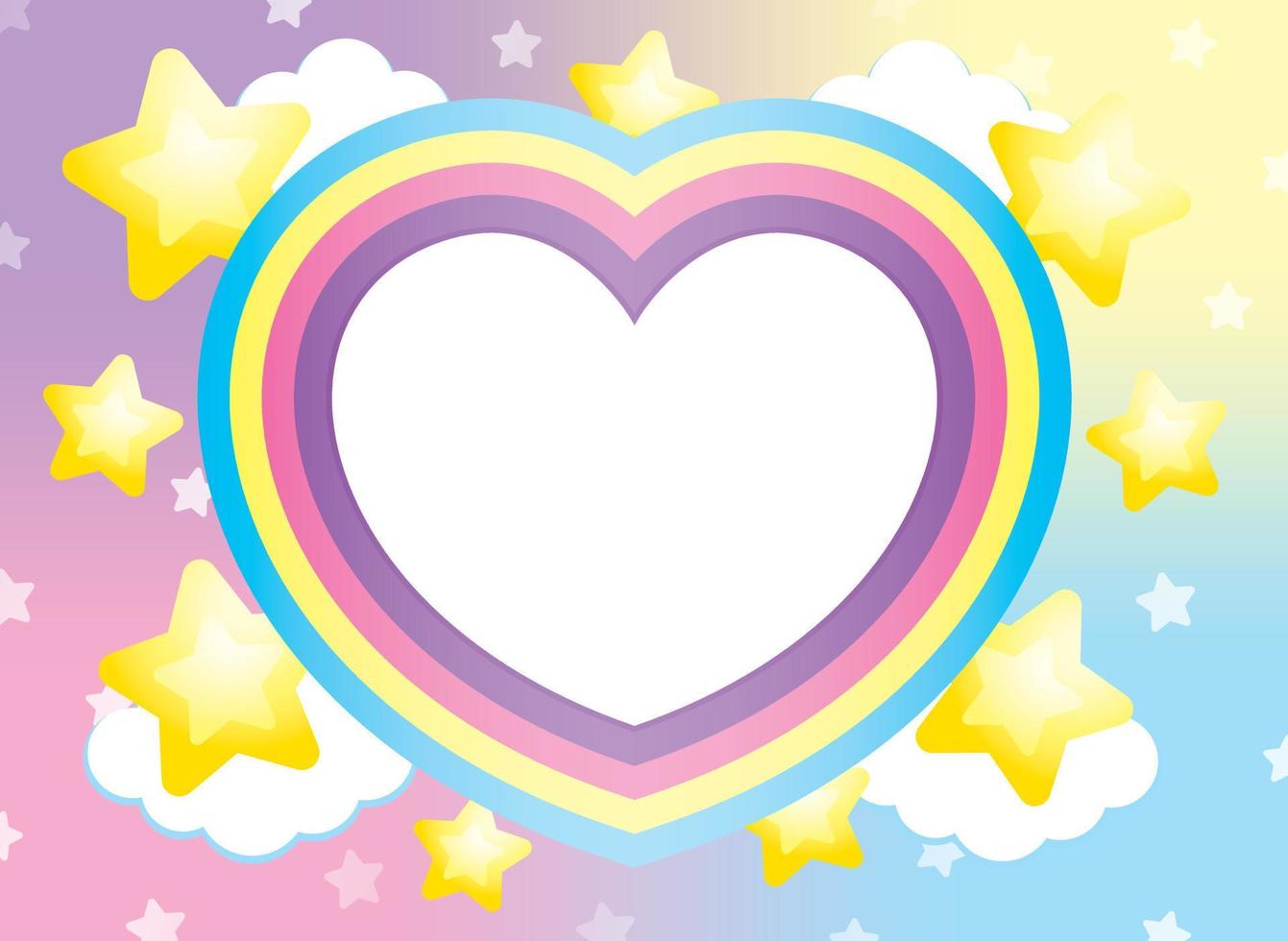 lindo marco de arco iris en forma de corazón kawaii con elemento de nube y estrellas sobre fondo degradado pastel dulce vector