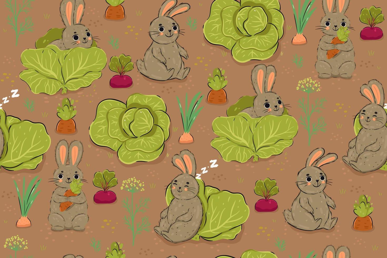 Seamless pattern of rabbits and vegetables in the garden. Vector graphics.