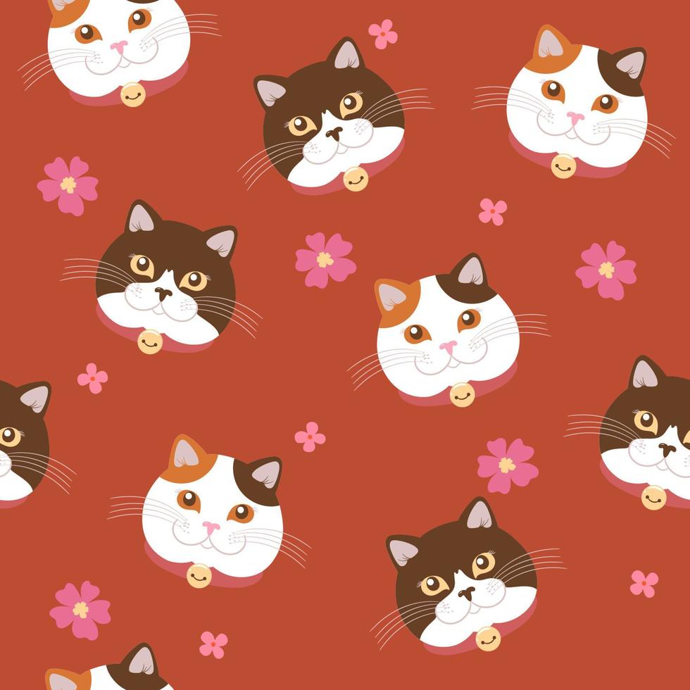 Seamless pattern with cute cats and flowers. Vector graphics.