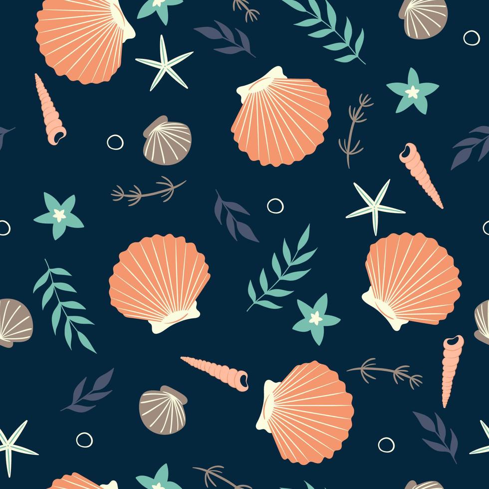 Seamless pattern with seashells, algae and starfish. Vector graphics.