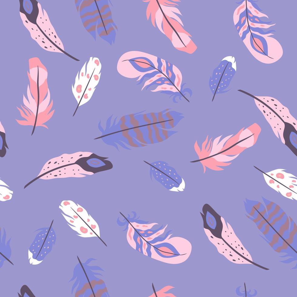 Feathers seamless pattern in boho style. Vector graphics.