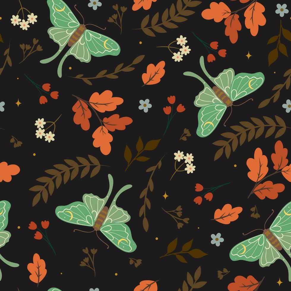 Seamless pattern with moths and leaves. Vector graphics.