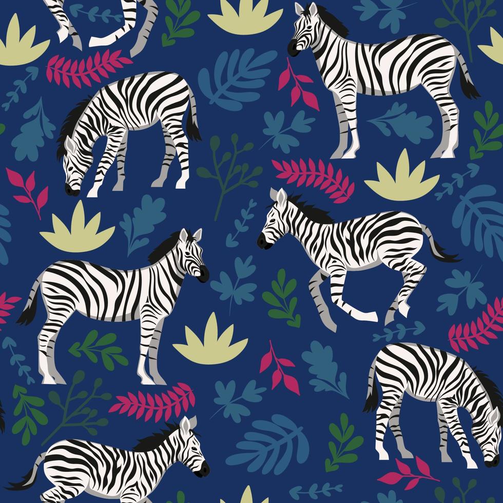 Seamless pattern with zebras and plants. Vector graphics.