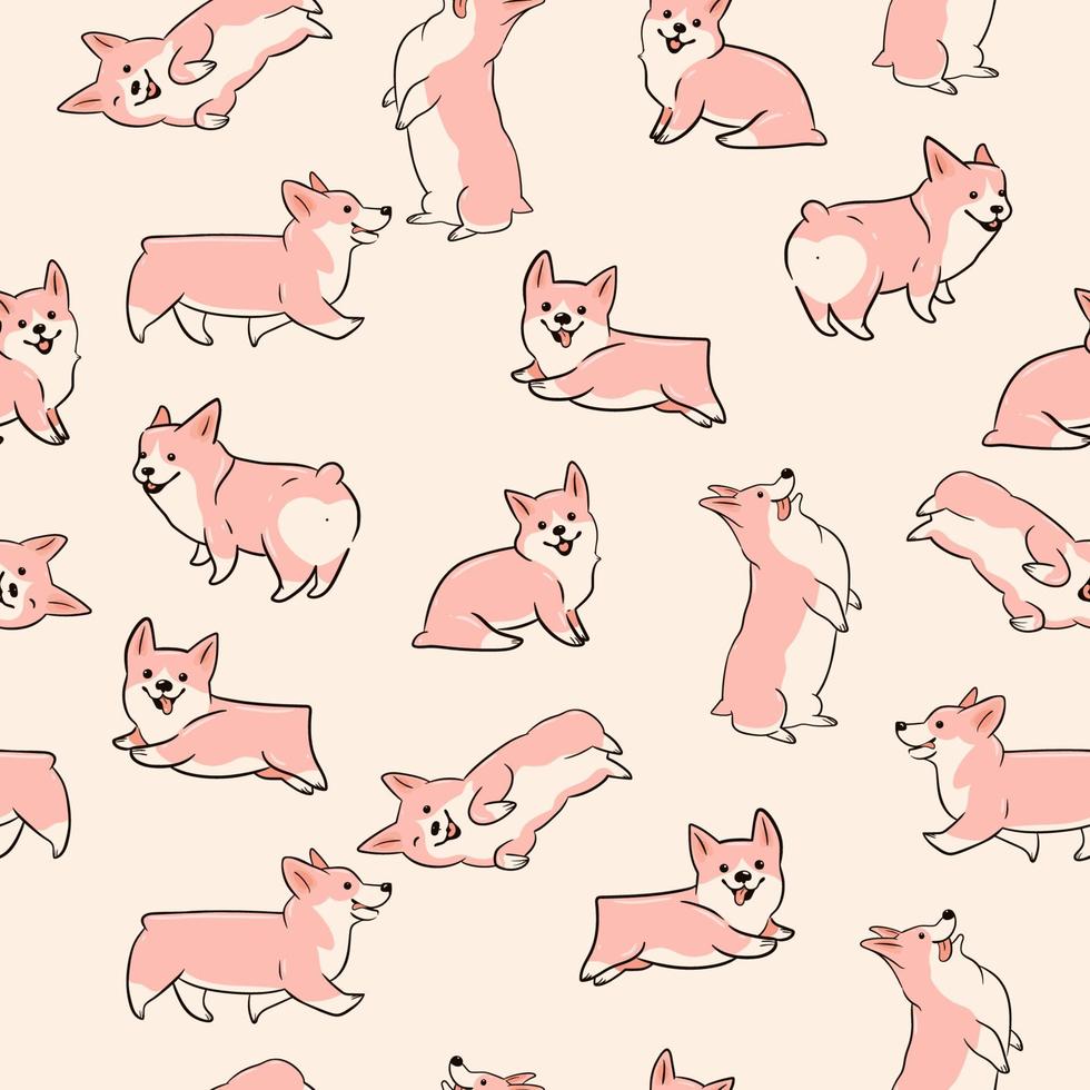 Seamless pattern with cute dogs of the Corgi breed. Vector graphics.