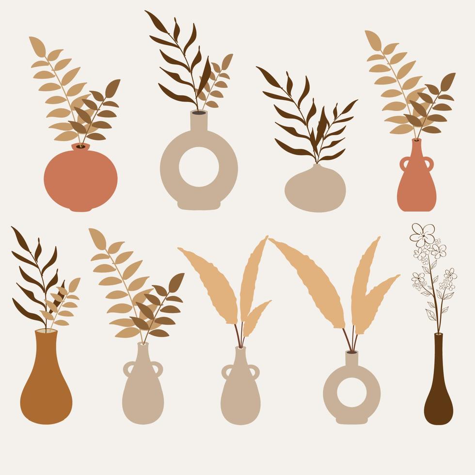 Set of Vase Modern with Flower in earth tone color, Nordic vase illustration vector