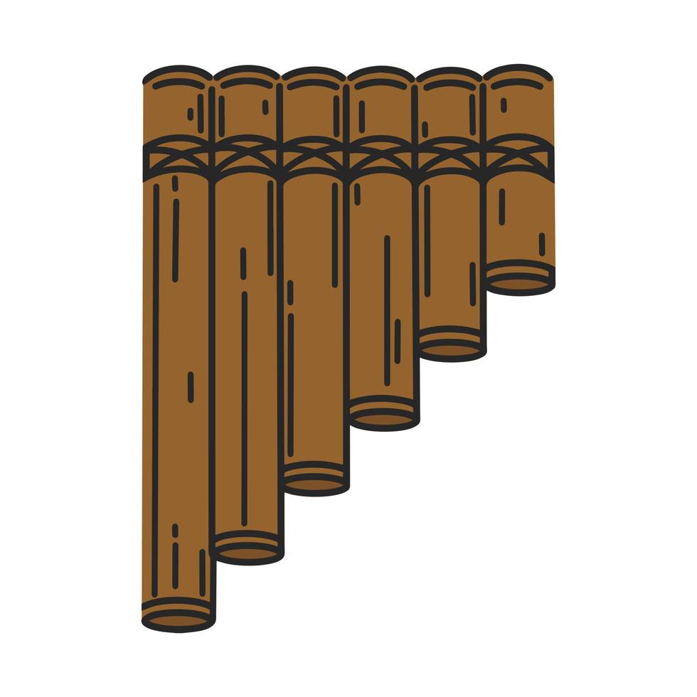 Pan flute vector icon. Hand drawn wooden, bamboo musical instrument. Multi-barrel fife isolated on white background. Device for classical, folk melodies. Colored flat clipart for logo, web