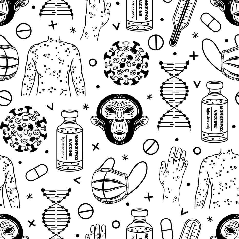 Monkeypox virus seamless vector pattern. Zoonotic infection symbol - pathogen, monkey, vaccine, mask, DNA, skin with rash, pills. Viral disease, black and white outline. Background for web, print