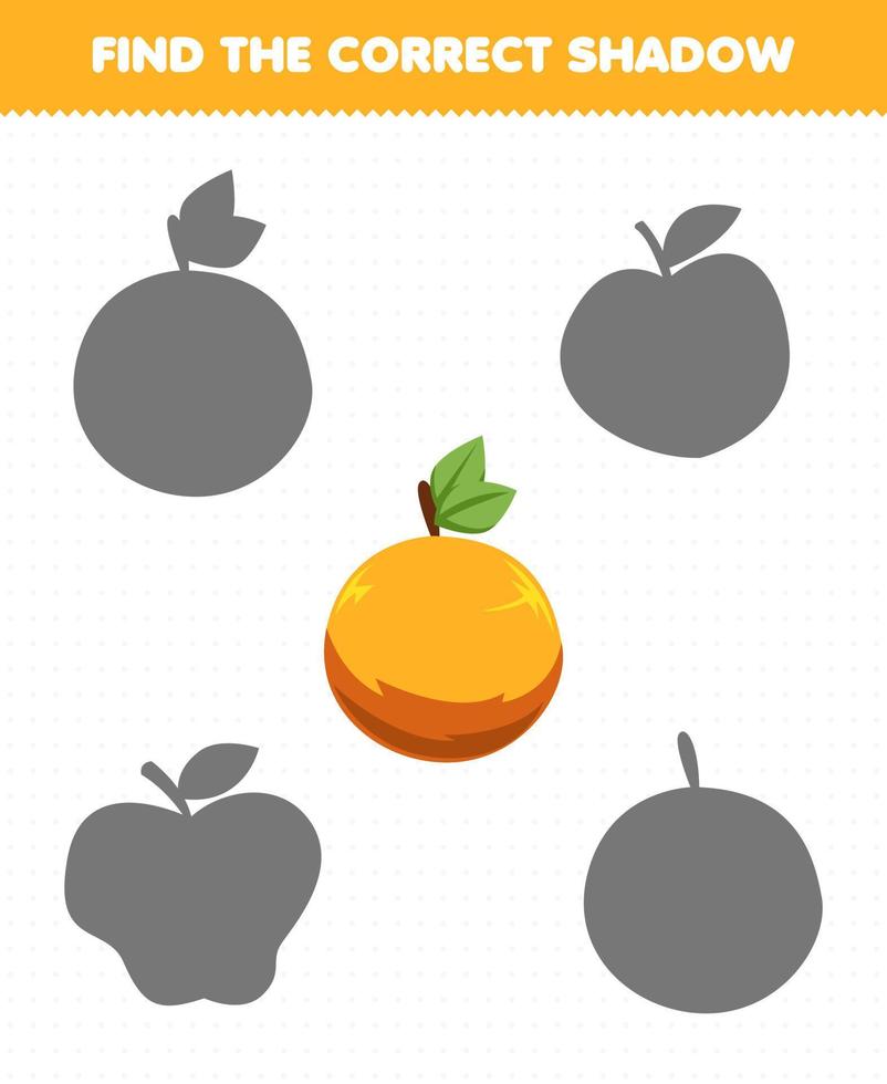 Education game for children find the correct shadow set of cartoon fruit orange vector