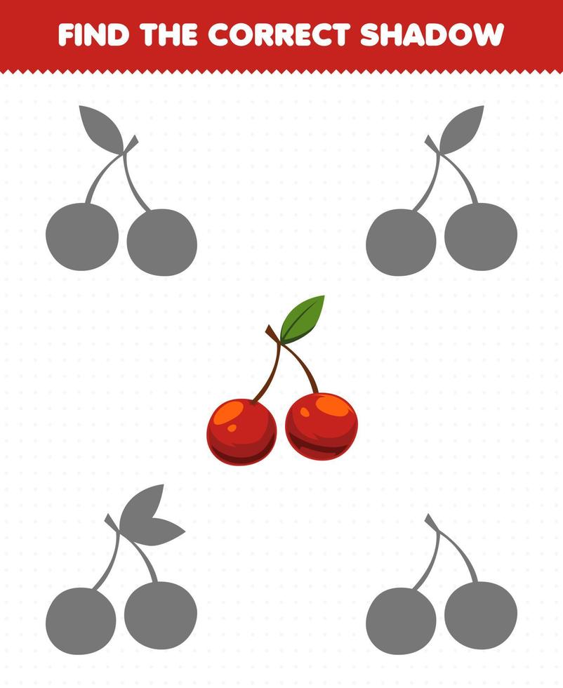 Education game for children find the correct shadow set of cartoon fruit cherry vector