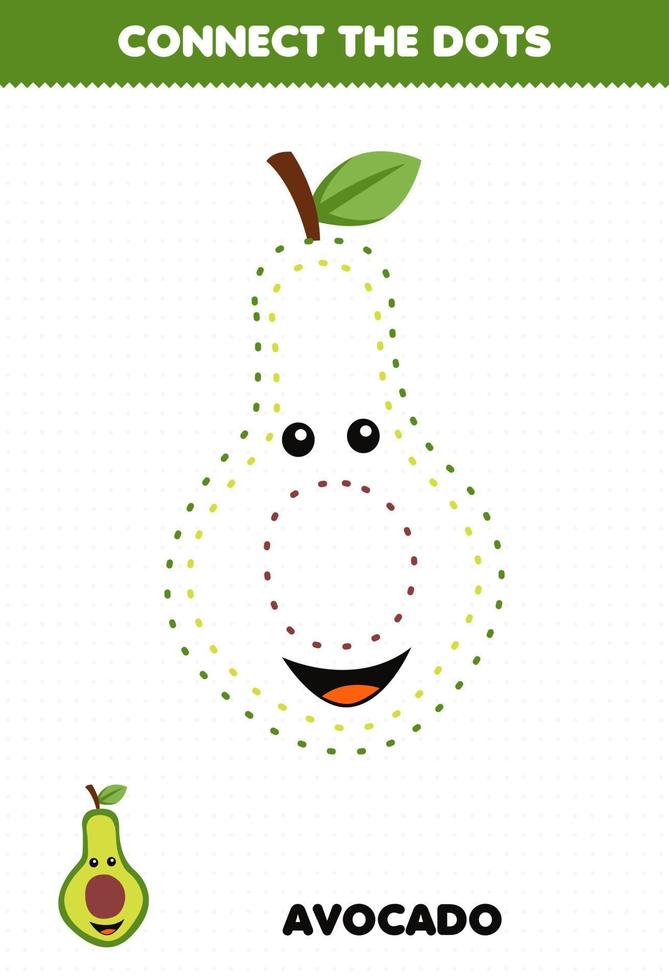 Education game for children connect the dots handwriting practice with cute cartoon fruit avocado character vector