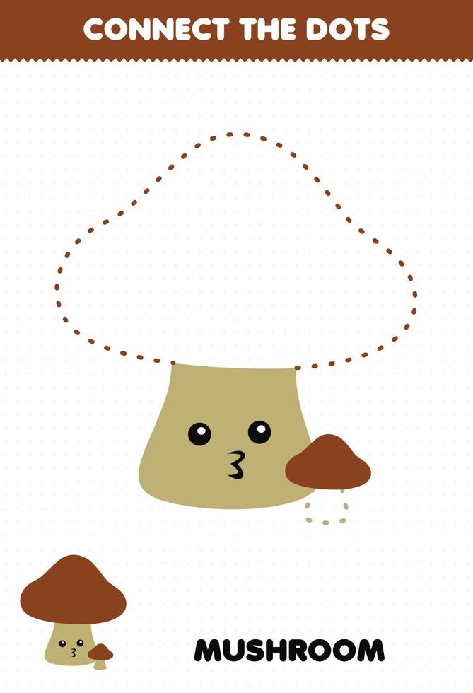 Education game for children connect the dots handwriting practice with cute cartoon vegetable mushroom character vector