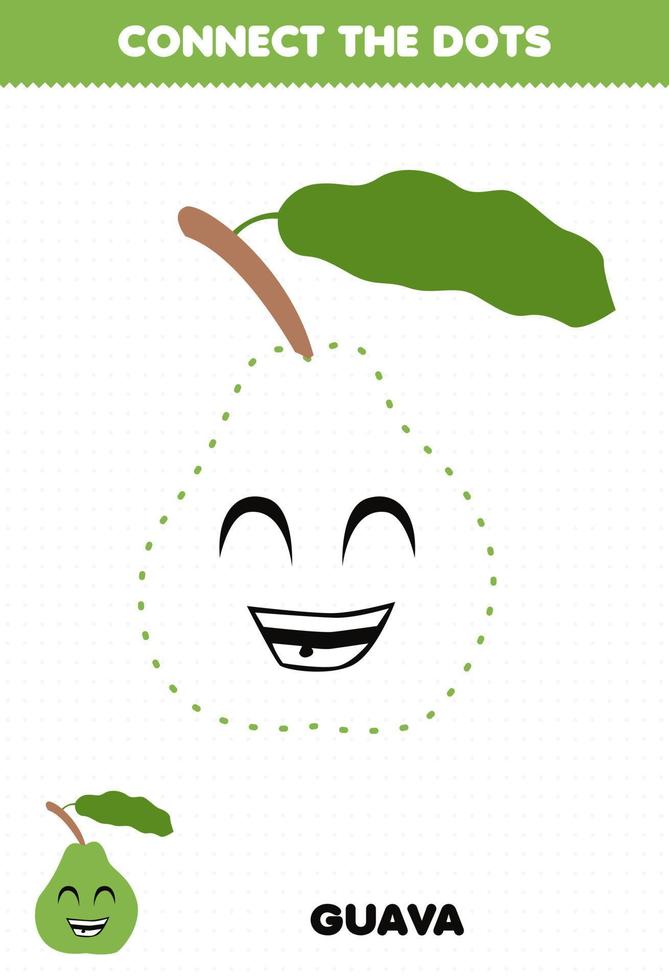 Education game for children connect the dots handwriting practice with cute cartoon fruit guava character vector