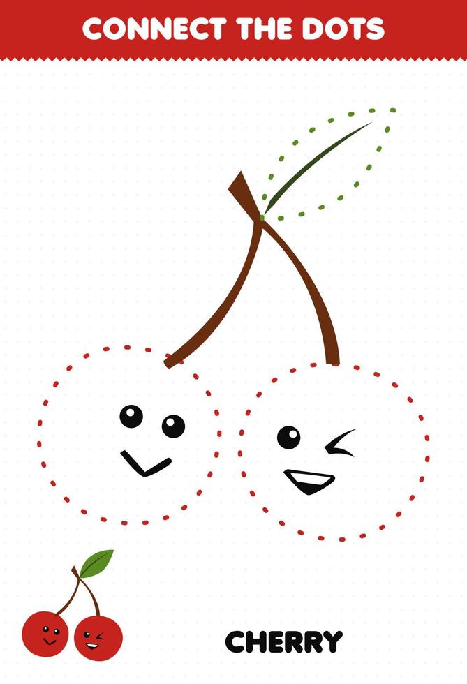 Education game for children connect the dots handwriting practice with cute cartoon fruit cherry character vector