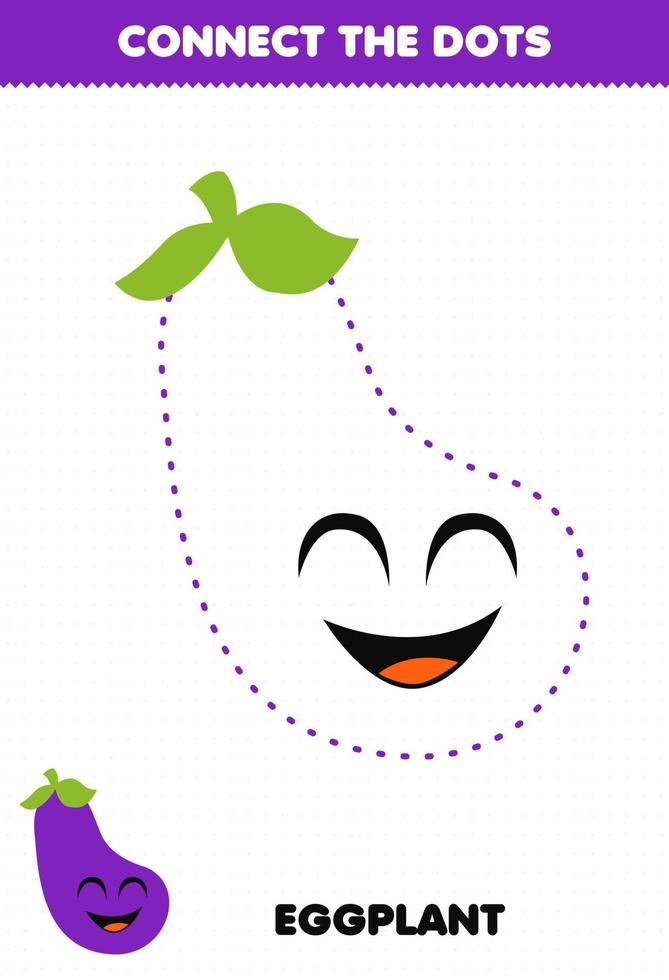 Education game for children connect the dots handwriting practice with cute cartoon vegetable eggplant character vector