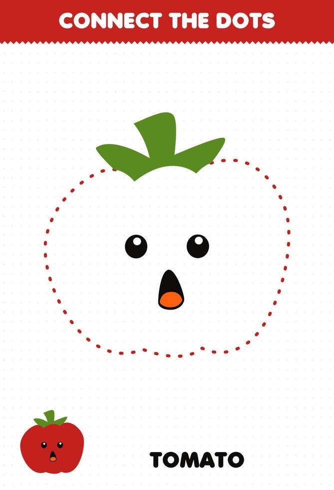 Education game for children connect the dots handwriting practice with cute cartoon vegetable tomato character vector