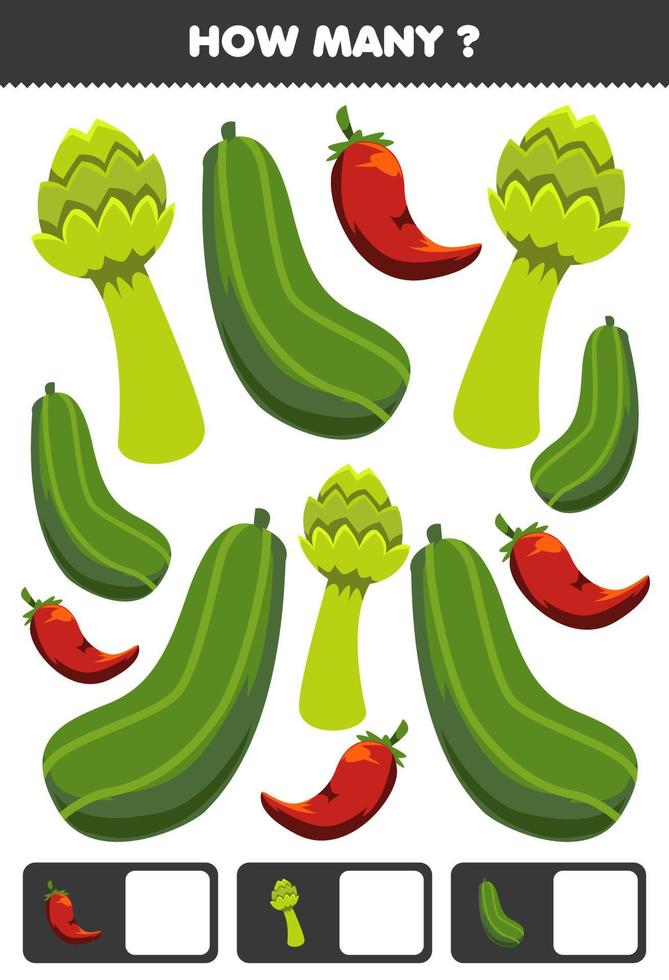 juego educativo para niños buscando y contando actividad para preescolar cuántas verduras de dibujos animados espárragos pepino chile vector