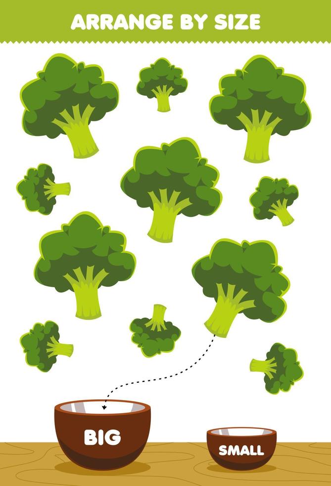 Education game for children arrange by size big or small put it in the bowl cartoon vegetable broccoli pictures vector