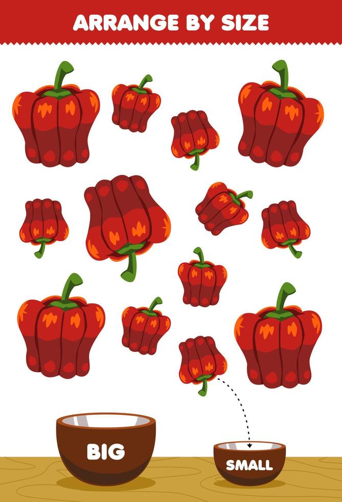 juego educativo para niños organizar por tamaño grande o pequeño ponerlo en el tazón imágenes de pimentón vegetal de dibujos animados vector