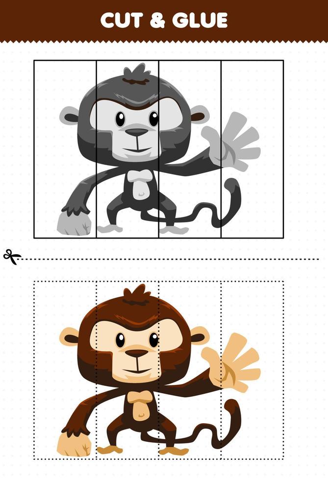 Education game for children cut and glue with cute cartoon animal monkey vector