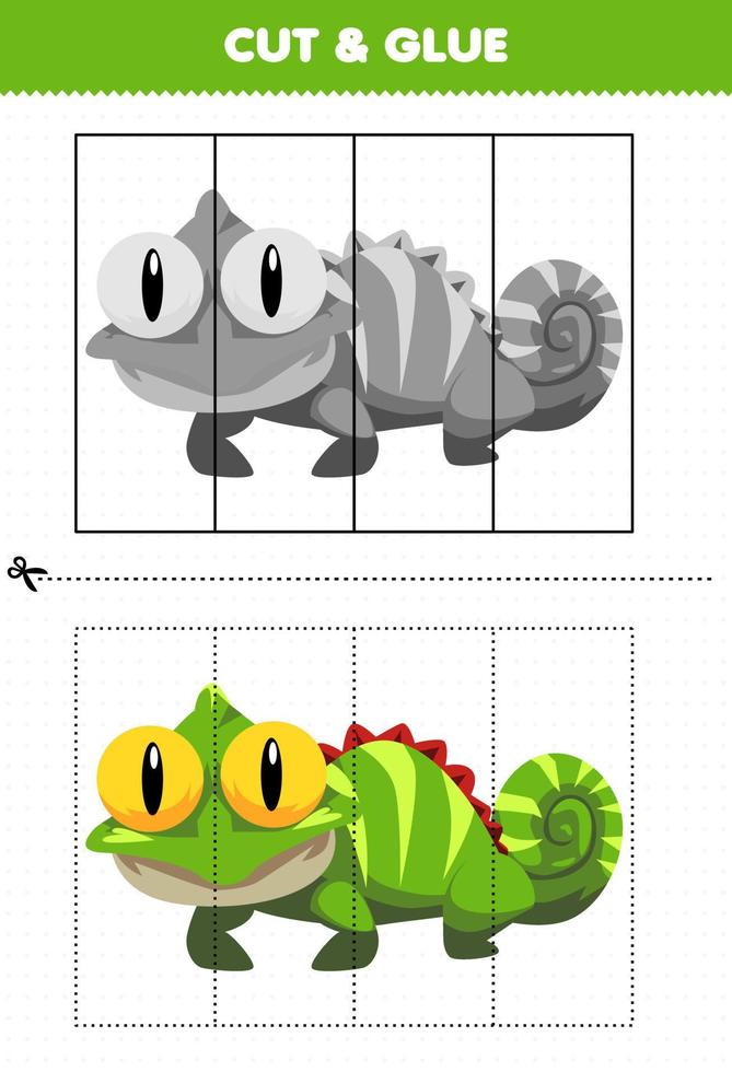 Education game for children cut and glue with cute cartoon animal iguana vector