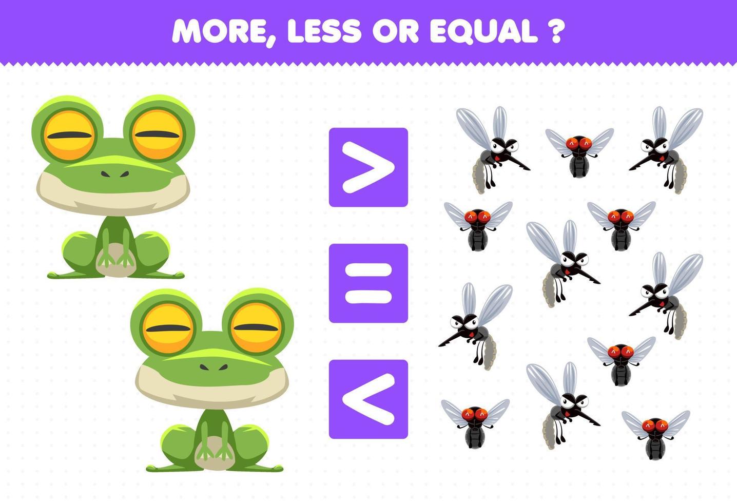 Education game for children more less or equal count the amount of cute cartoon animal frog mosquito fly vector